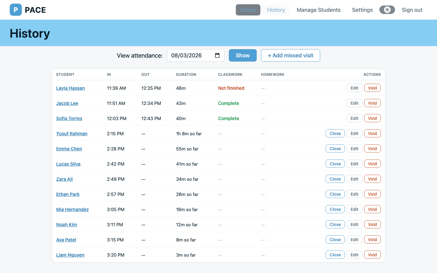 PACE history page with a day's visits and audit-logged corrections